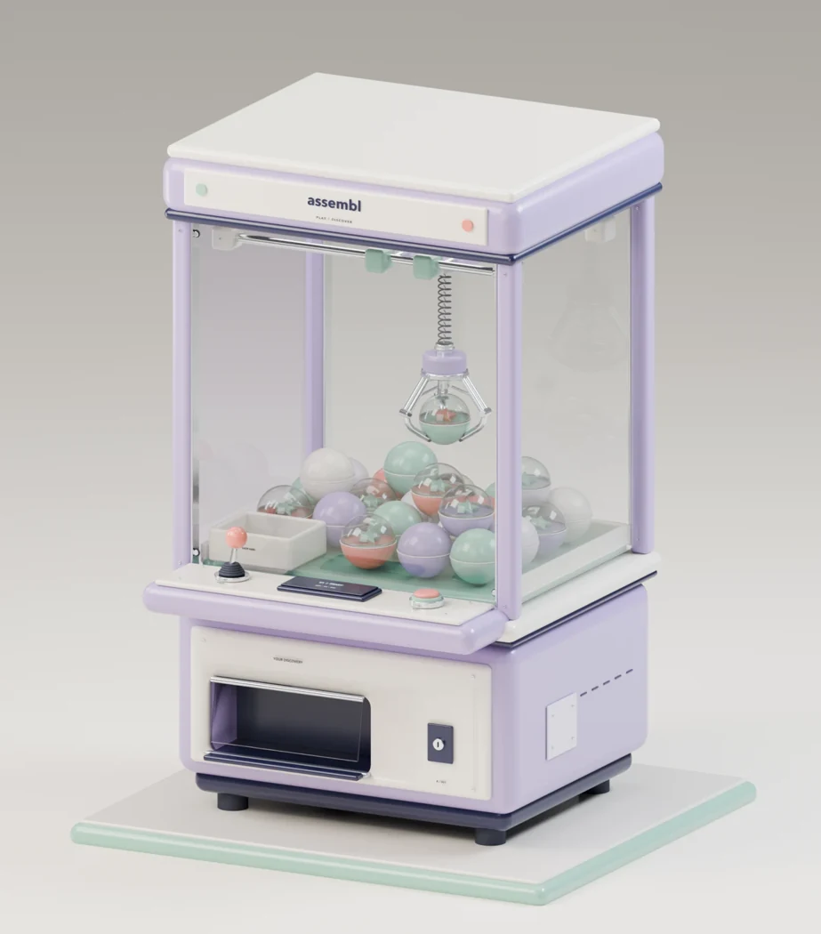 Blender render of the lilac claw machine with pastel capsules
