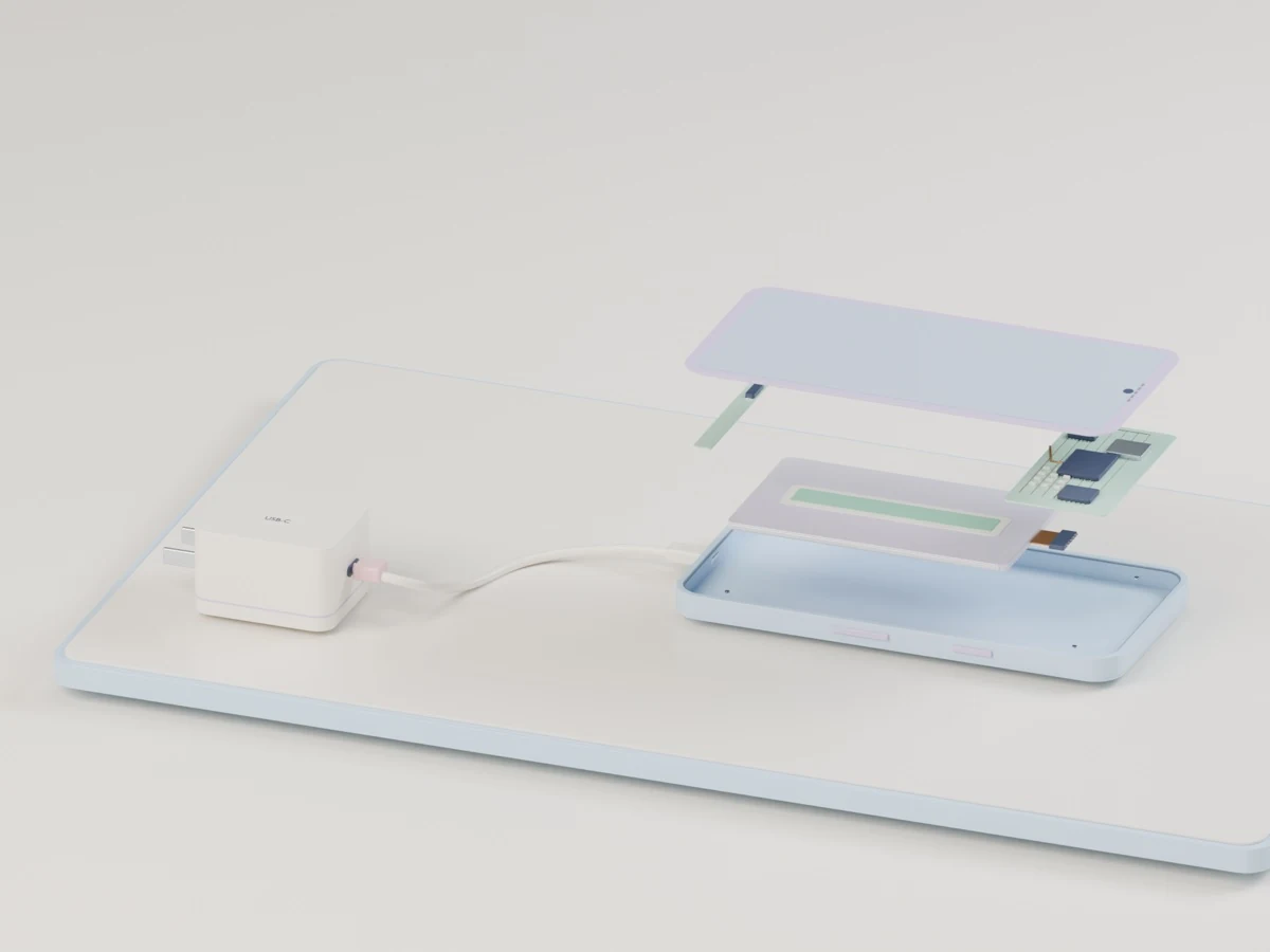 Blender render of the pastel phone, battery and charger